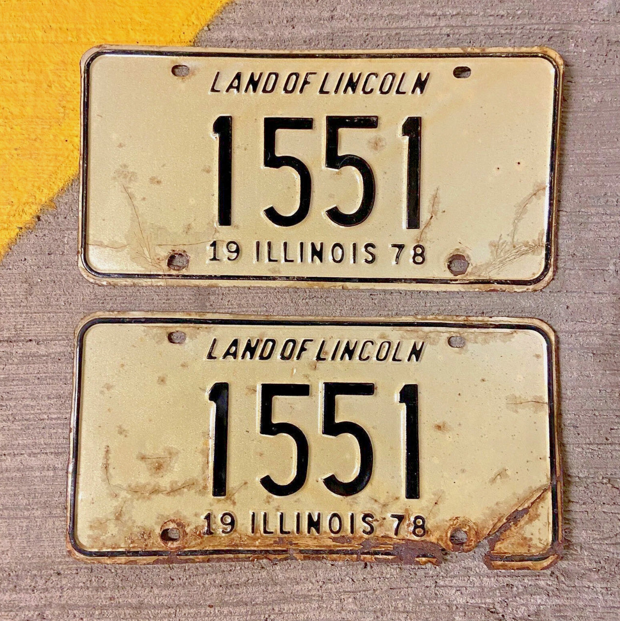 Photo of a 1978 Illinois License Plate Pair Auto Tag Garage Decor Vintage Low Number Four Digit 1551 with original patina