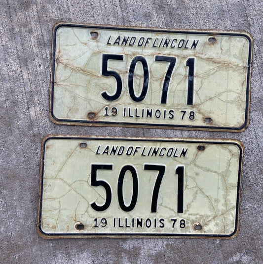 Photo of a 1978 Illinois License Plate Pair Auto Tag Garage Decor Vintage Low Number Four Digit 5071 with original patina