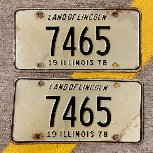 Photo of a 1978 Illinois License Plate Pair Auto Tag Garage Decor Vintage Low Number Four Digit 7465 with original patina