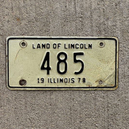 Photo of a 1978 Illinois Motorcycle License Plate Auto Tag Garage Decor Vintage Low Number Three Digit 485 with original patina