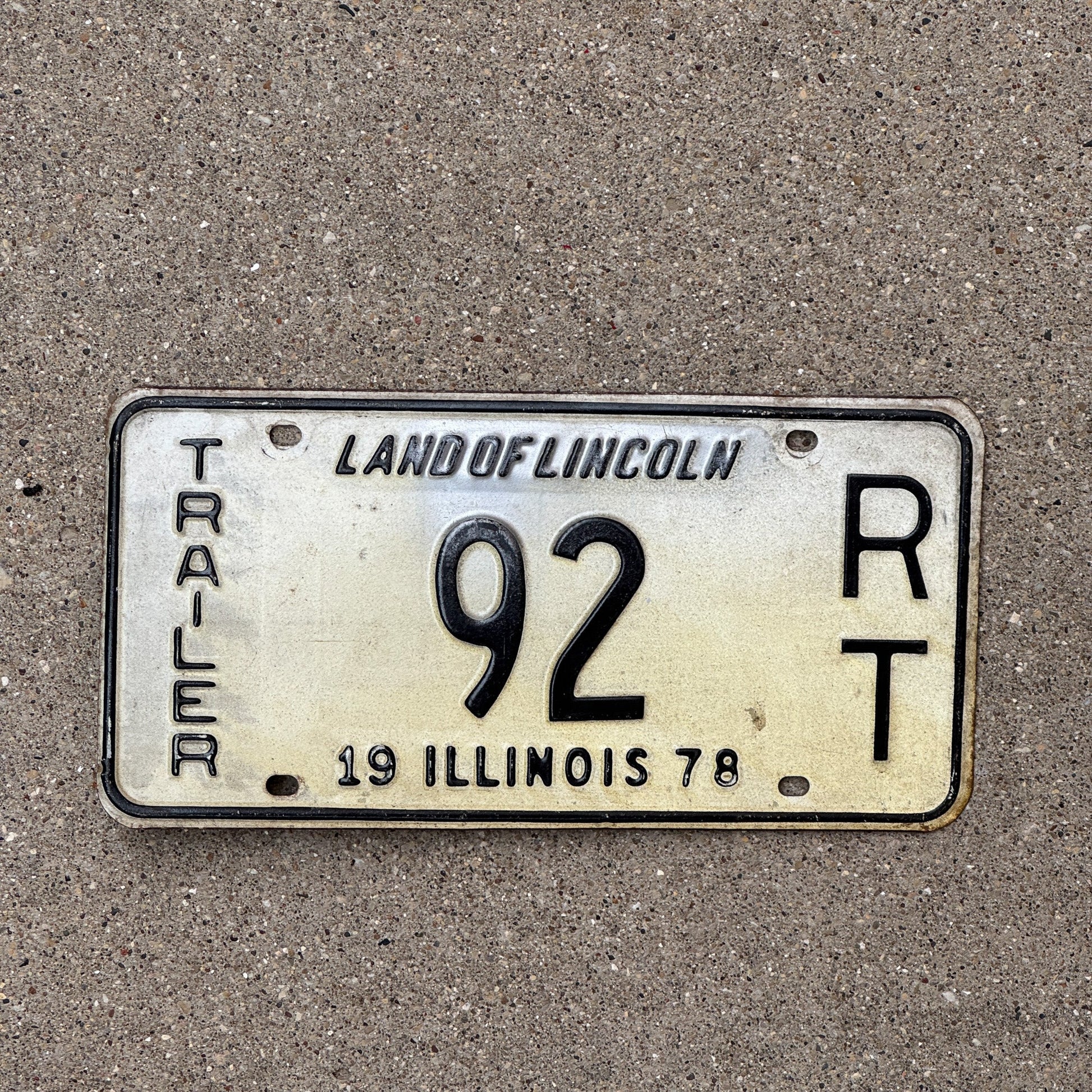 Photo of a 1978 Illinois Trailer License Plate Auto Tag Garage Decor Vintage Low Number 92