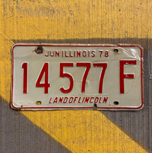 Photo of a 1978 Illinois Truck License Plate Auto Tag Garage Decor Vintage 14577 F with original patina