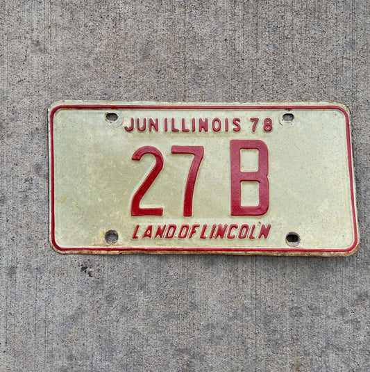 Photo of a 1978 Illinois Truck License Plate Auto Tag Garage Decor Vintage Low Number Two Digit 27 B with original patina