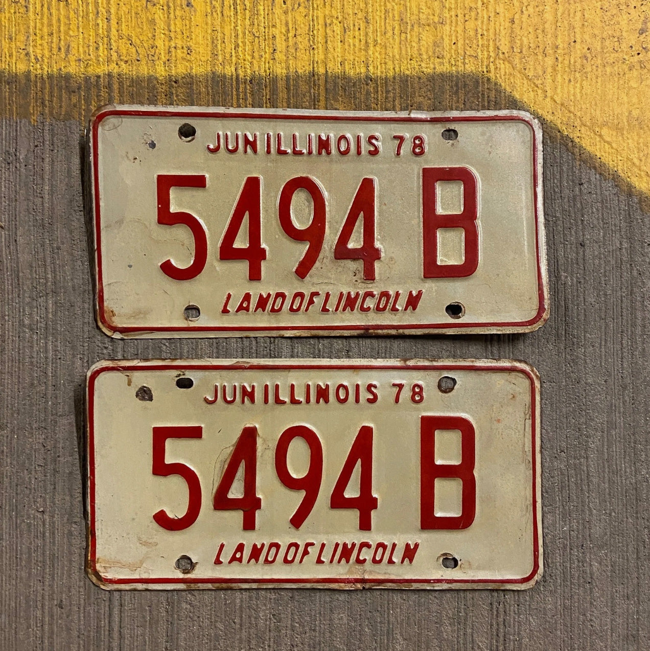 Photo of a 1978 Illinois Truck License Plate Pair Auto Tag Garage Decor Vintage 5494 B with original patina