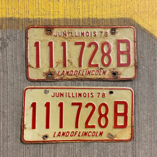 Photo of a 1978 Illinois Truck License Plate Pair Auto Tag Garage Decor Vintage Repeat Repeating 111 728 B with original patina