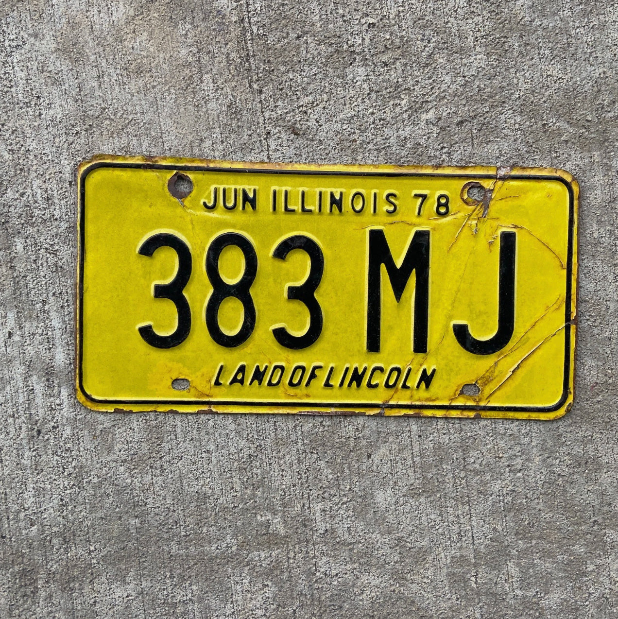 Photo of a 1978 Illinois Truck Mileage Tax License Plate Auto Tag Garage Decor Vintage 383 MJ with original patina
