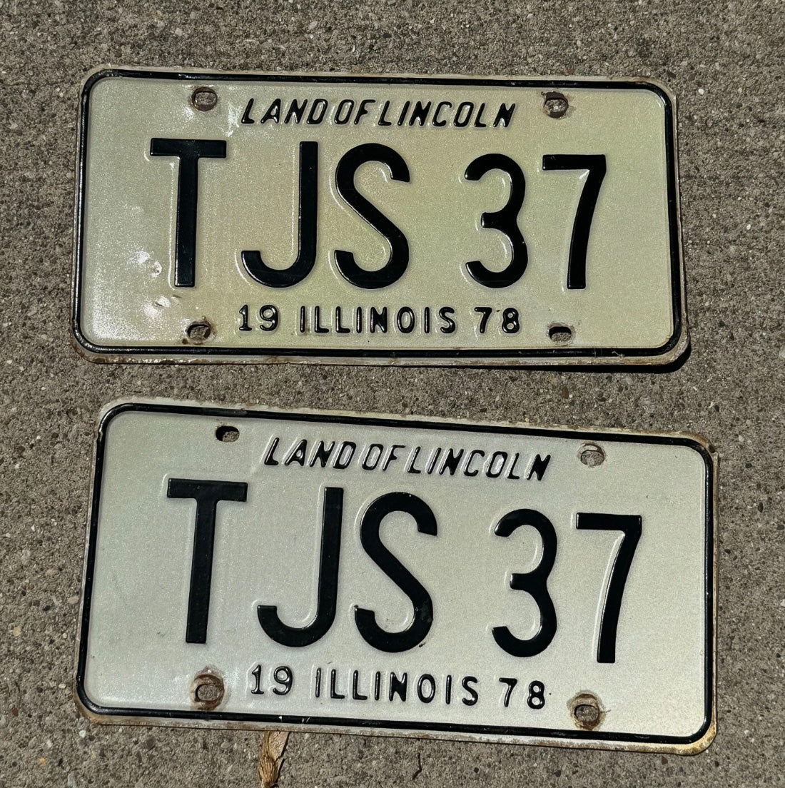 Photo of a 1978 Illinois Vanity License Plate Pair Auto Tag Garage Initials Name TJS 37
