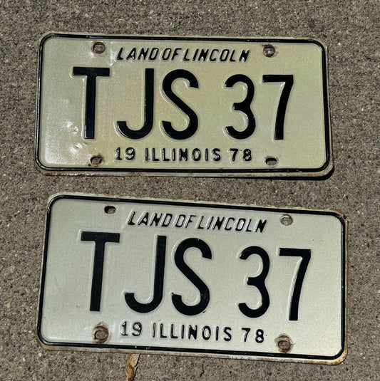 Photo of a 1978 Illinois Vanity License Plate Pair Auto Tag Garage Initials Name TJS 37