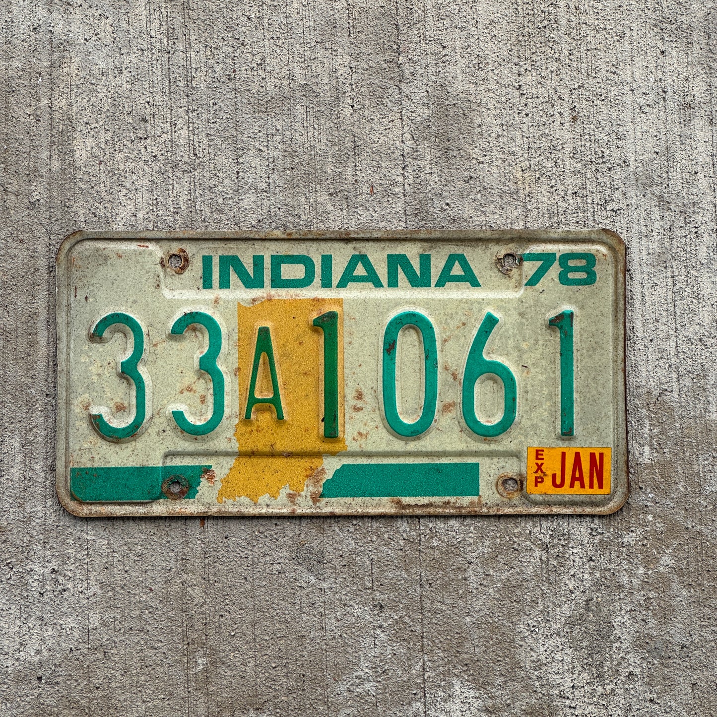 Photo of a 1978 Indiana License Plate Auto Tag Garage Decor Vintage 33 A 1061 with original patina
