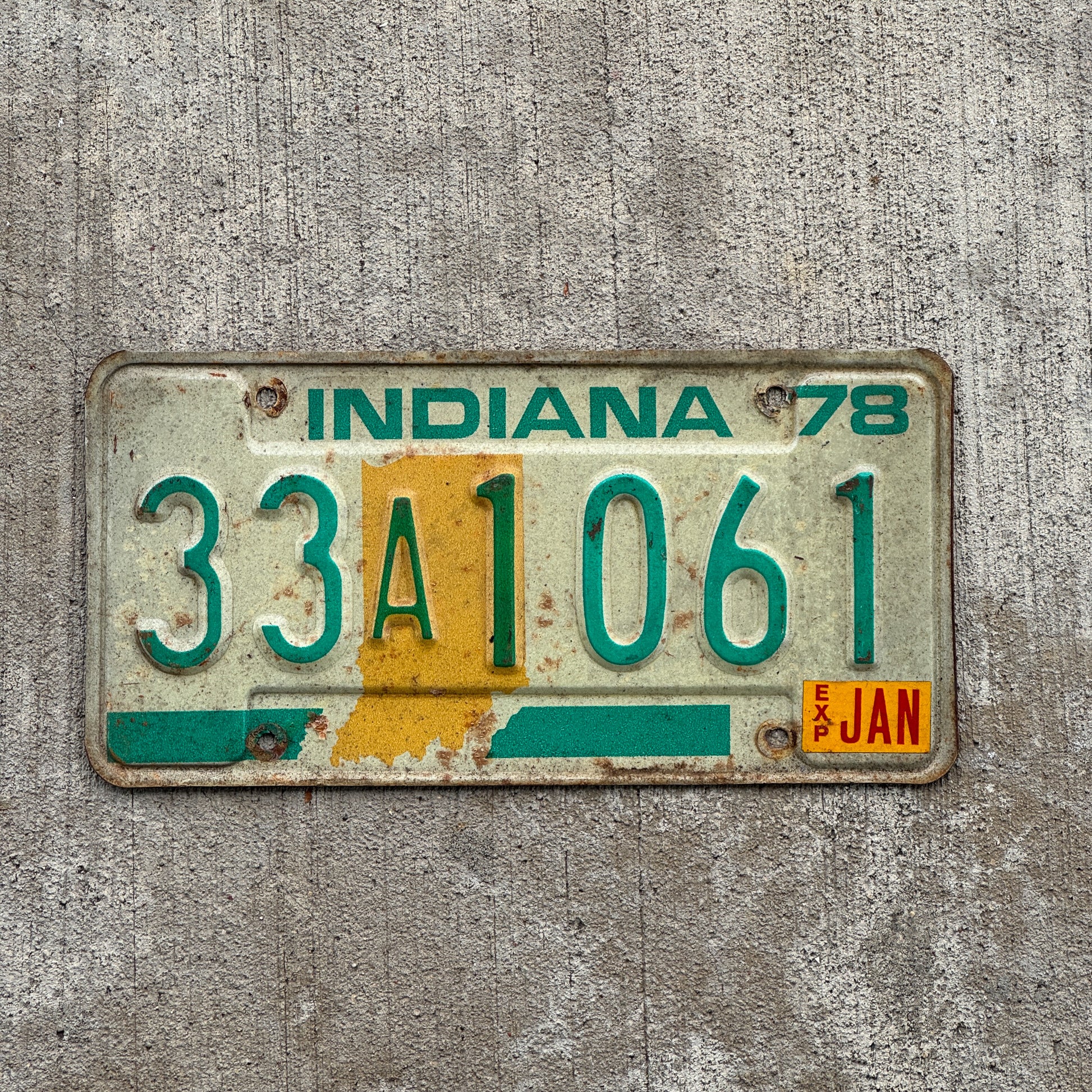 Photo of a 1978 Indiana License Plate Auto Tag Garage Decor Vintage 33 A 1061 with original patina