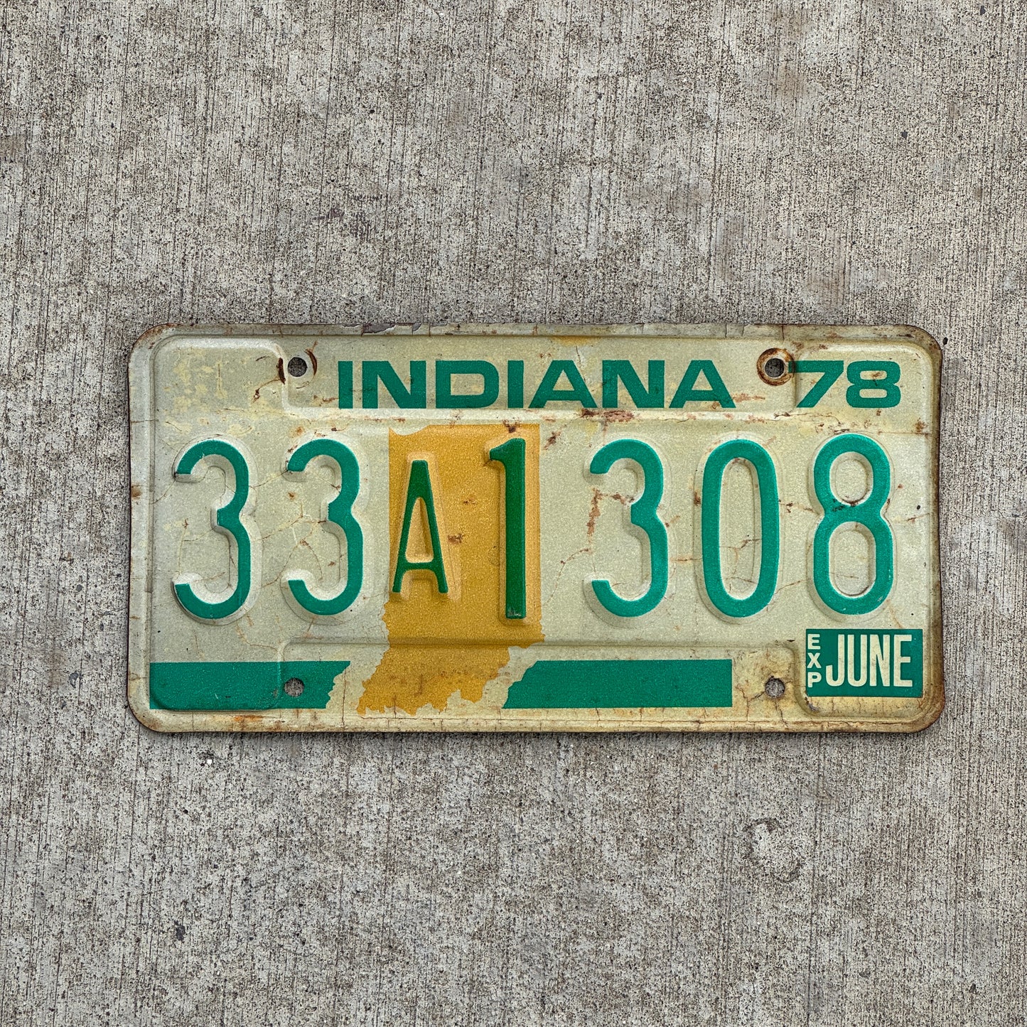 Photo of a 1978 Indiana License Plate Auto Tag Garage Decor Vintage 33 A 1308 with original patina