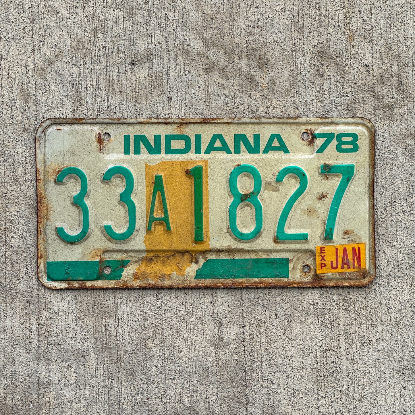 Photo of a 1978 Indiana License Plate Auto Tag Garage Decor Vintage 33 A 1827 with original patina