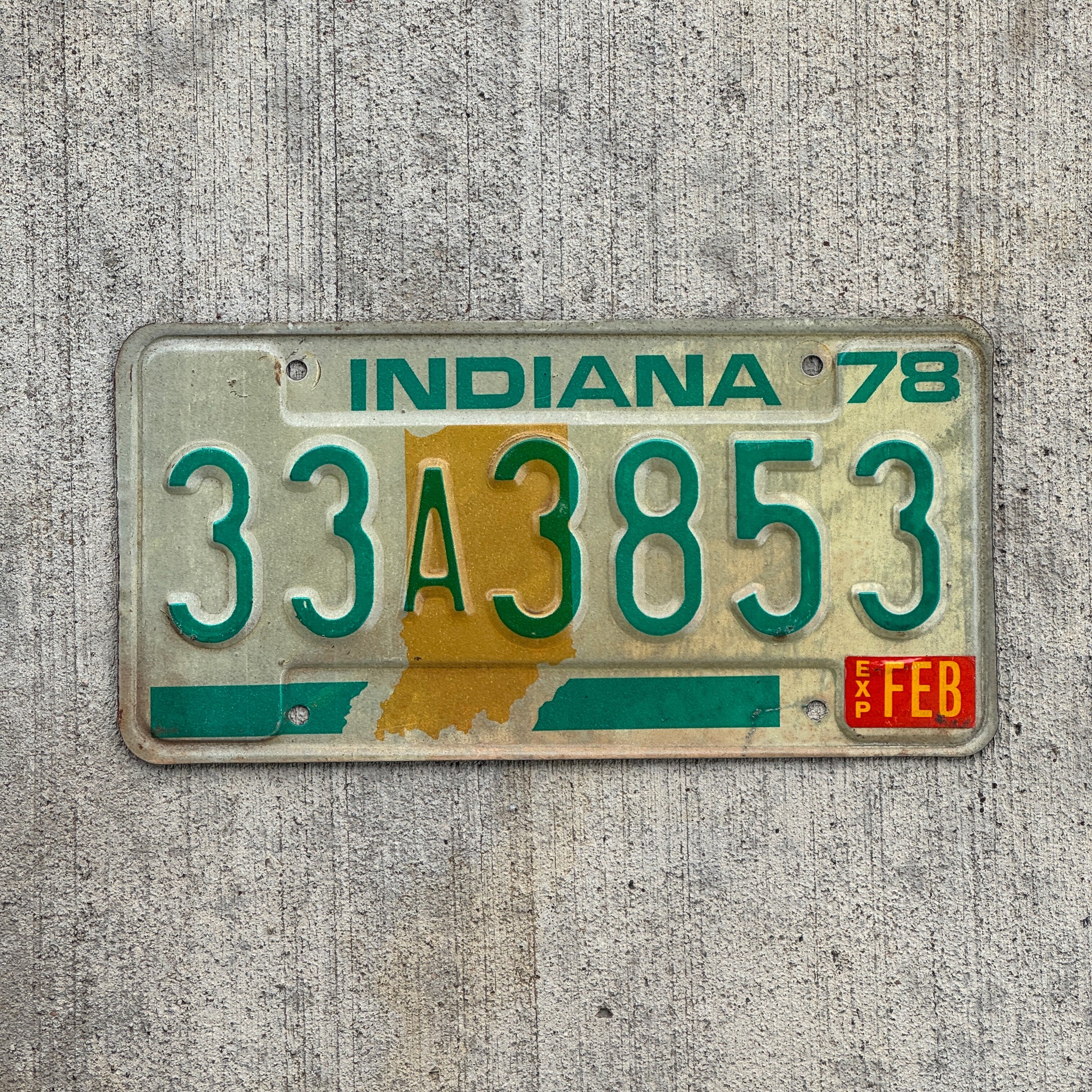 Photo of a 1978 Indiana License Plate Auto Tag Garage Decor Vintage 33 A 3853 with original patina