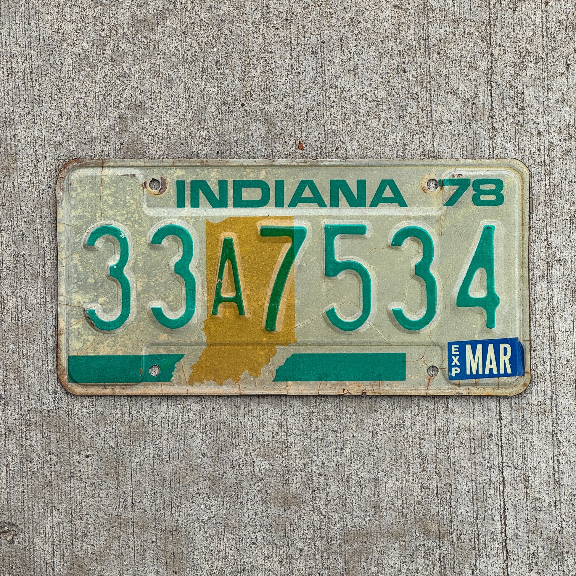 Photo of a 1978 Indiana License Plate Auto Tag Garage Decor Vintage 33 A 7534 with original patina