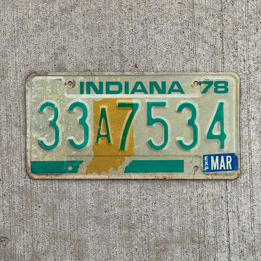 Photo of a 1978 Indiana License Plate Auto Tag Garage Decor Vintage 33 A 7534 with original patina