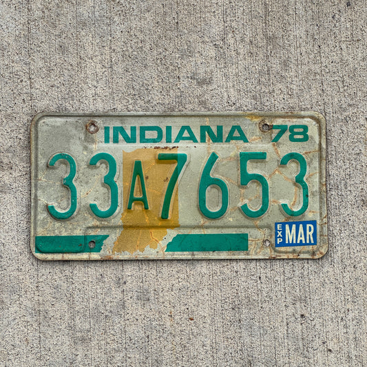 Photo of a 1978 Indiana License Plate Auto Tag Garage Decor Vintage 33 A 7653 with original patina