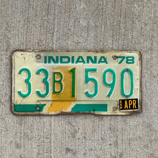 Photo of a 1978 Indiana License Plate Auto Tag Garage Decor Vintage 33 B 1590 with original patina