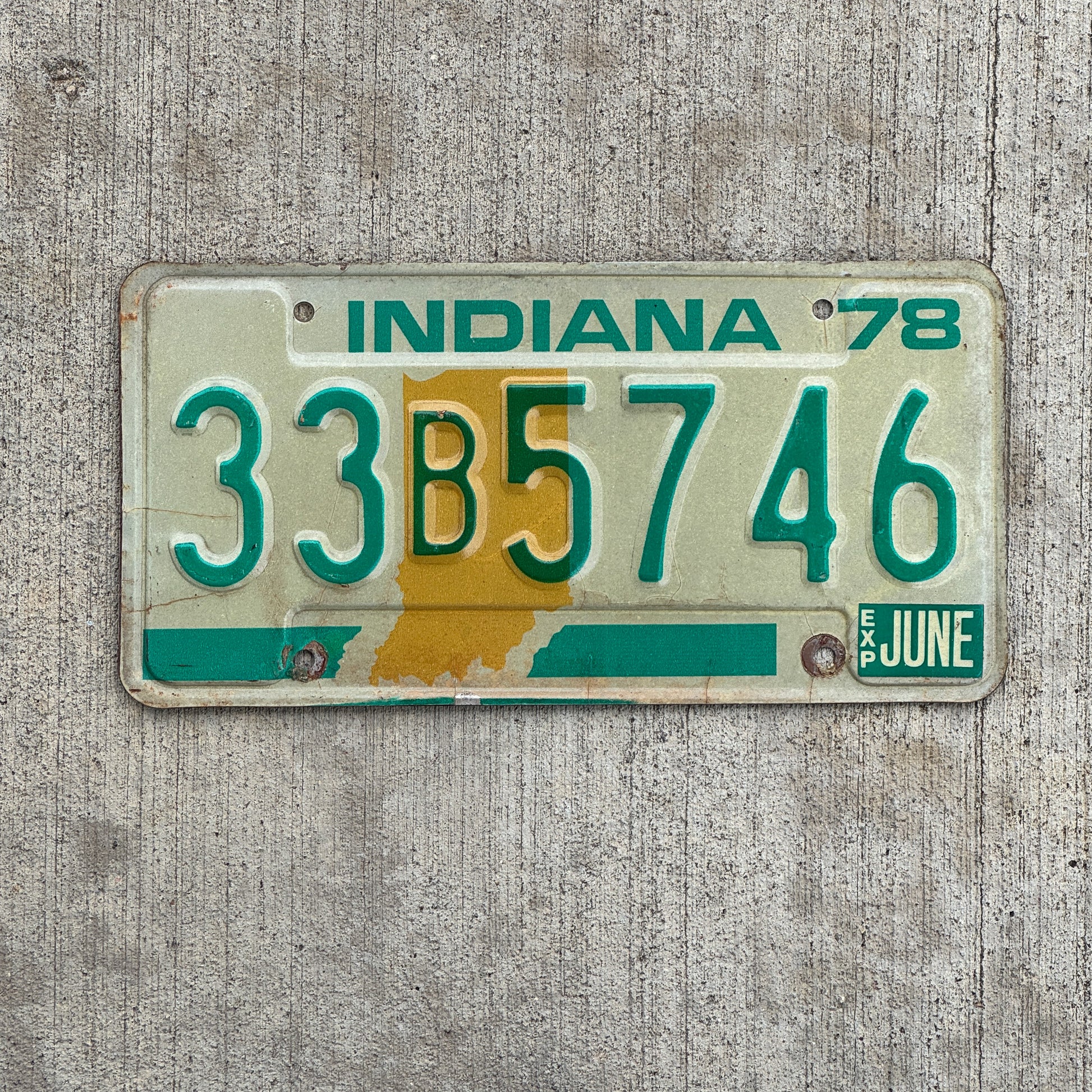 Photo of a 1978 Indiana License Plate Auto Tag Garage Decor Vintage 33 B 5746 with original patina