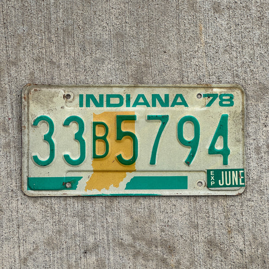 Photo of a 1978 Indiana License Plate Auto Tag Garage Decor Vintage 33 B 5794 with original patina