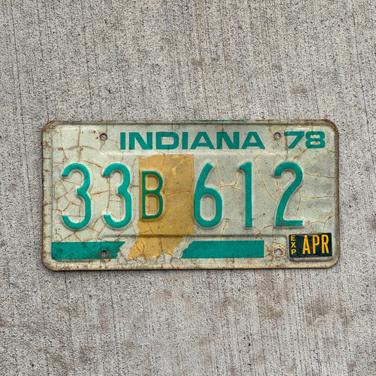 Photo of a 1978 Indiana License Plate Auto Tag Garage Decor Vintage 33 B 612 with original patina