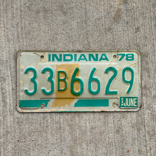 Photo of a 1978 Indiana License Plate Auto Tag Garage Decor Vintage 33 B 6629 with original patina