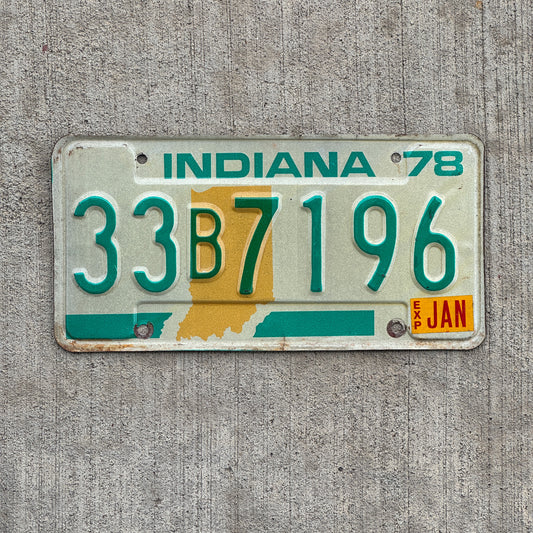 Photo of a 1978 Indiana License Plate Auto Tag Garage Decor Vintage 33 B 7196 with original patina