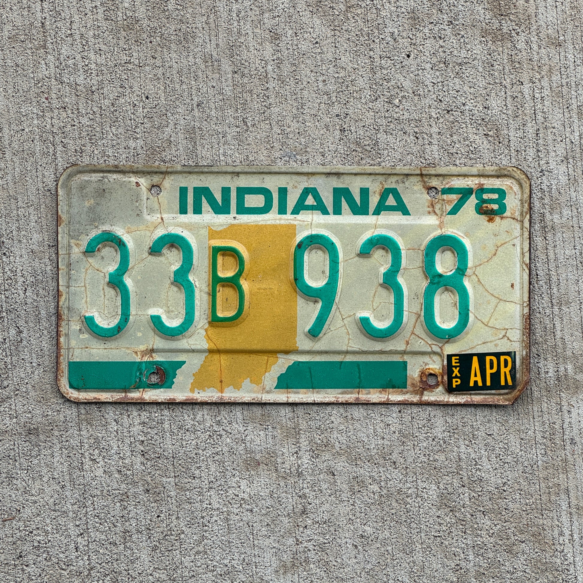 Photo of a 1978 Indiana License Plate Auto Tag Garage Decor Vintage 33 B 938 with original patina