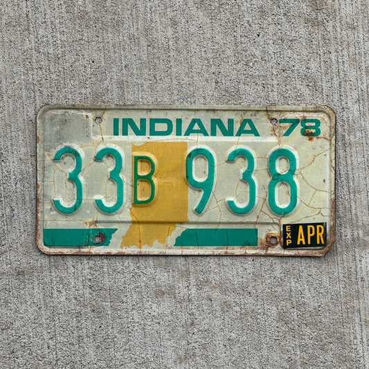 Photo of a 1978 Indiana License Plate Auto Tag Garage Decor Vintage 33 B 938 with original patina