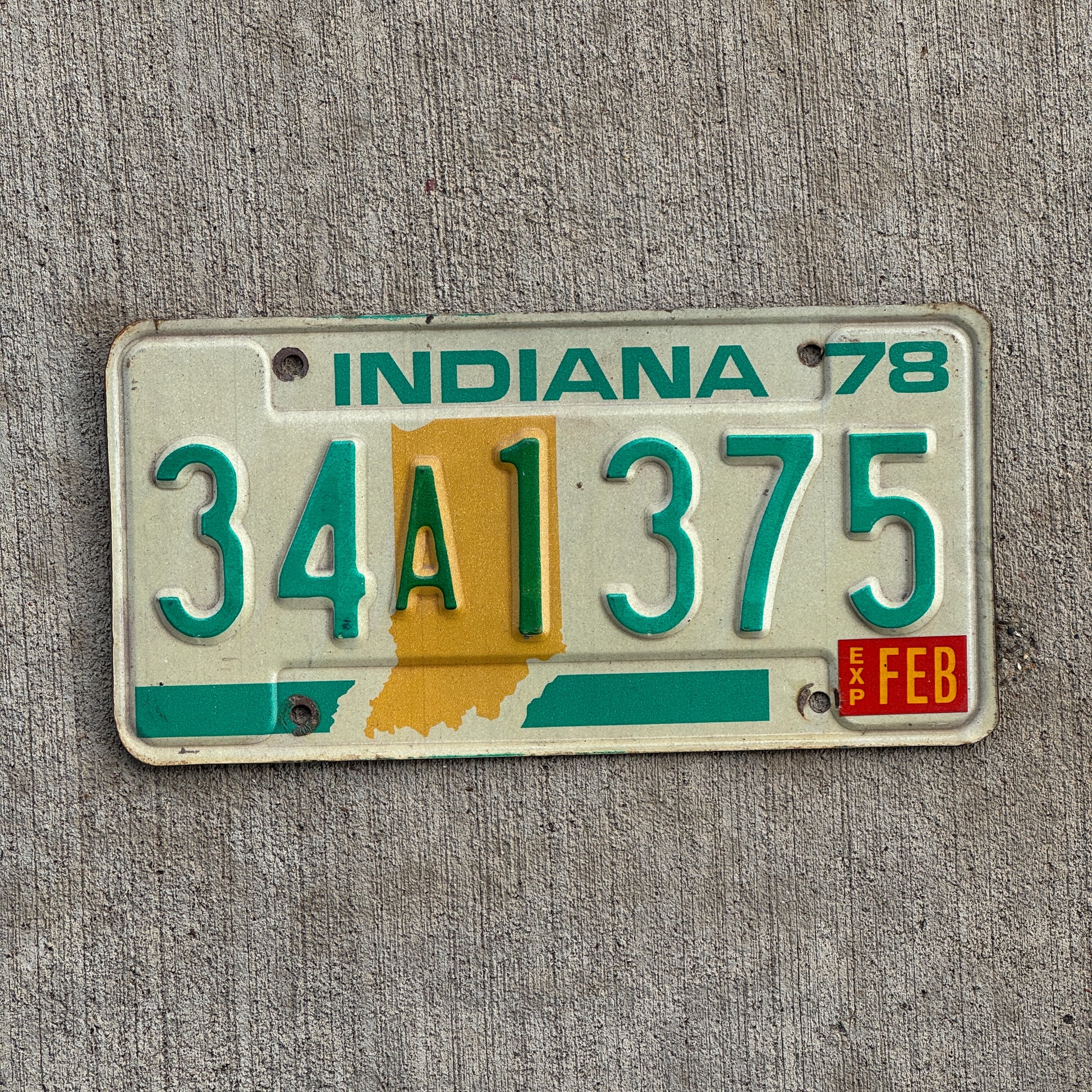 Photo of a 1978 Indiana License Plate Auto Tag Garage Decor Vintage 34 A 1375 with original patina