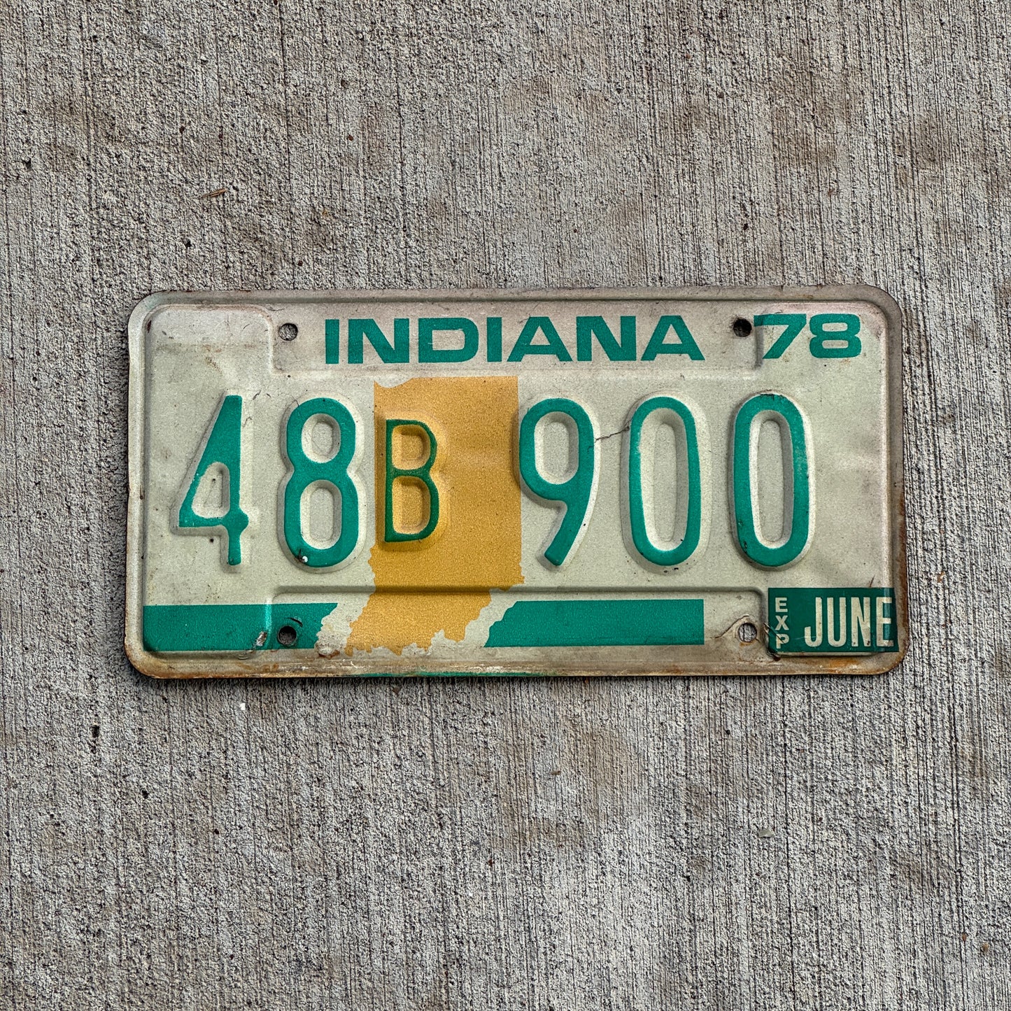 Photo of a 1978 Indiana License Plate Auto Tag Garage Decor Vintage 48 B 900 with original patina
