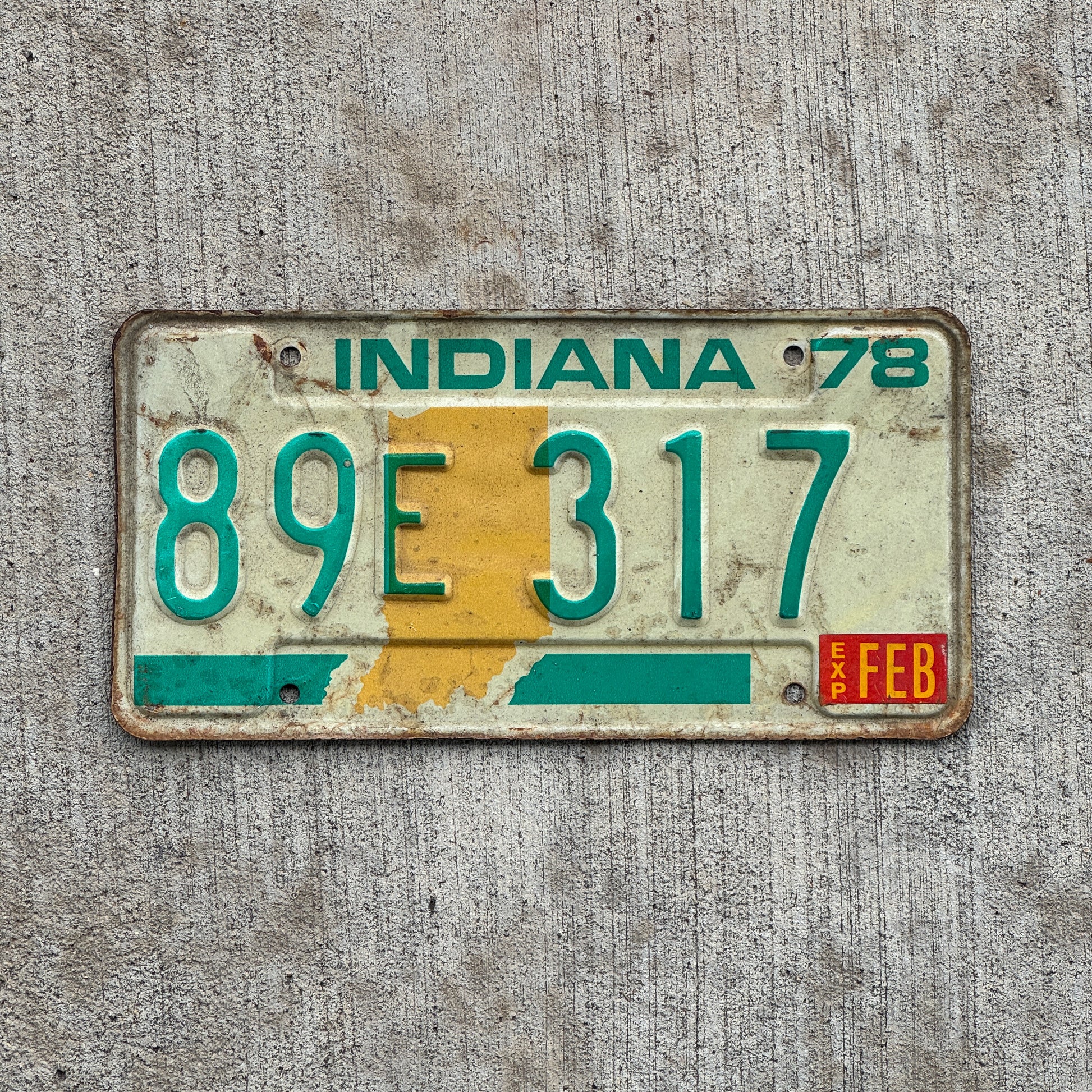 Photo of a 1978 Indiana License Plate Auto Tag Garage Decor Vintage 89 E 317 with original patina