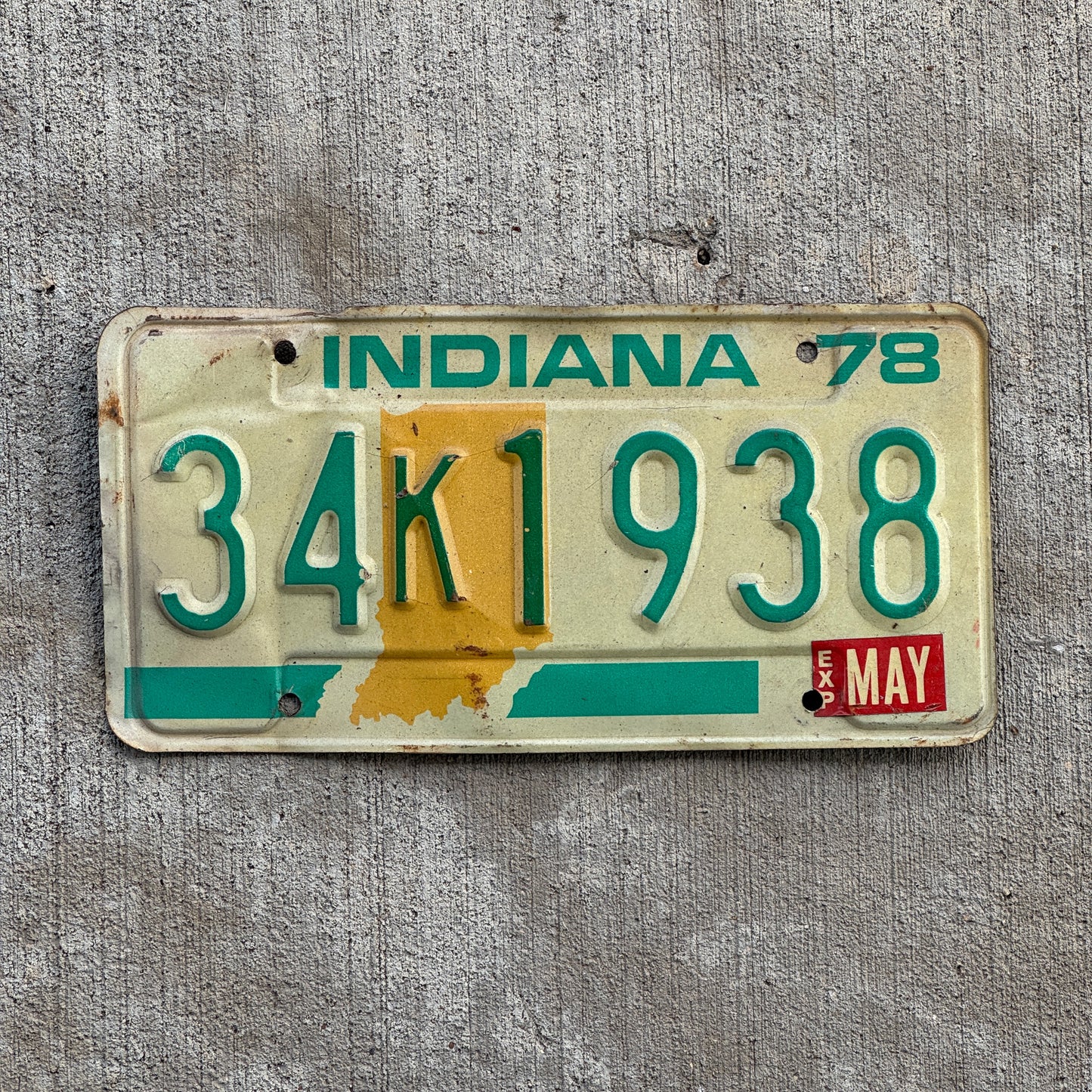 Photo of a 1978 Indiana License Plate Auto Tag Garage Decor Vintage Birth Year 34 K 1938 with original patina
