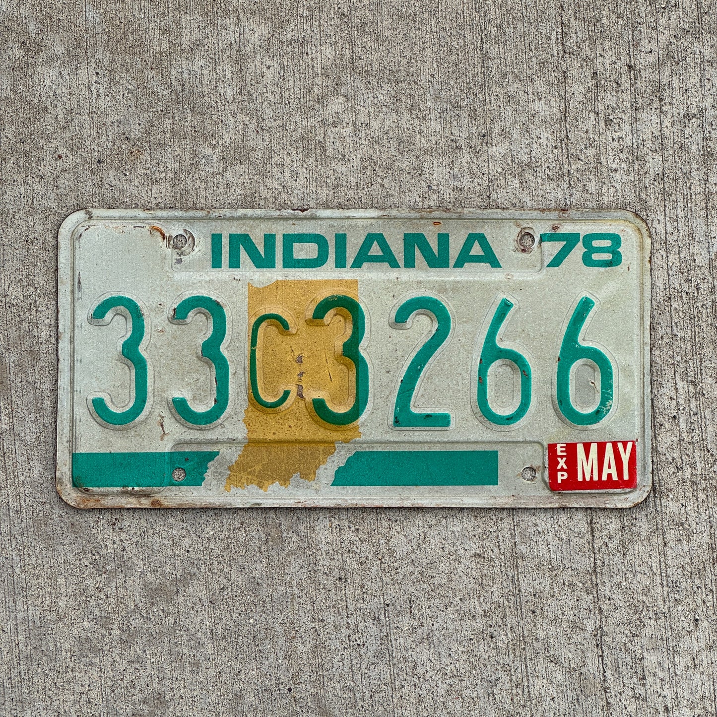 Photo of a 1978 Indiana License Plate Auto Tag Garage Decor Vintage Repeat Repeating 33 C 3266 with original patina