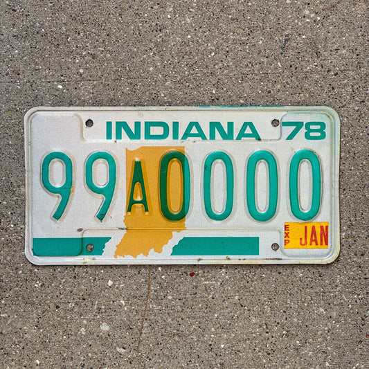 Photo of a 1978 Indiana Sample License Plate Auto Tag 1 Garage Decor 99A0000 with original patina