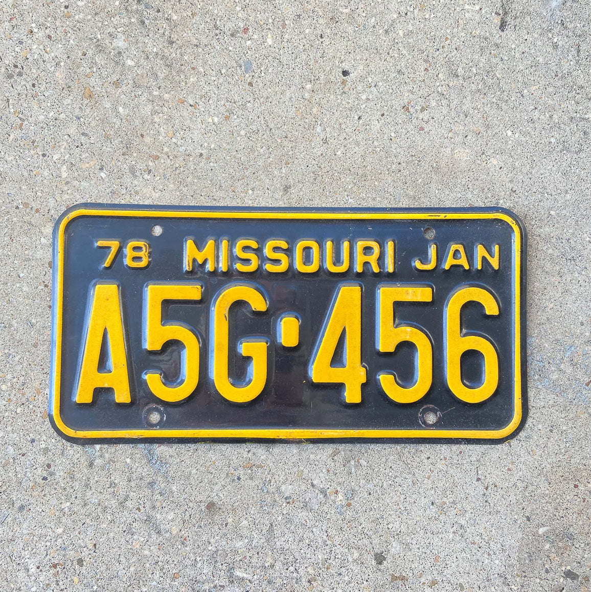 Photo of a 1978 Missouri License Plate Auto Tag Garage Decor Vintage A5G 456 with original patina