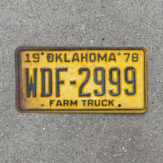 Photo of a 1978 Oklahoma Farm Truck License Plate Auto Tag Repeat Repeating WDF 2 999