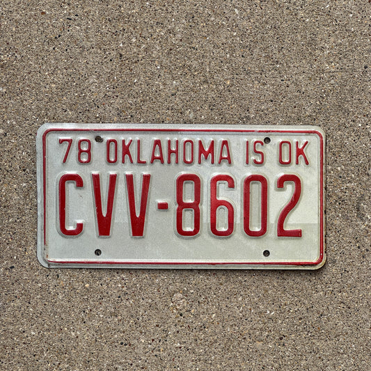 Photo of a 1978 Oklahoma License Plate Auto Tag Garage Decor Vintage CVV 8602 with original patina