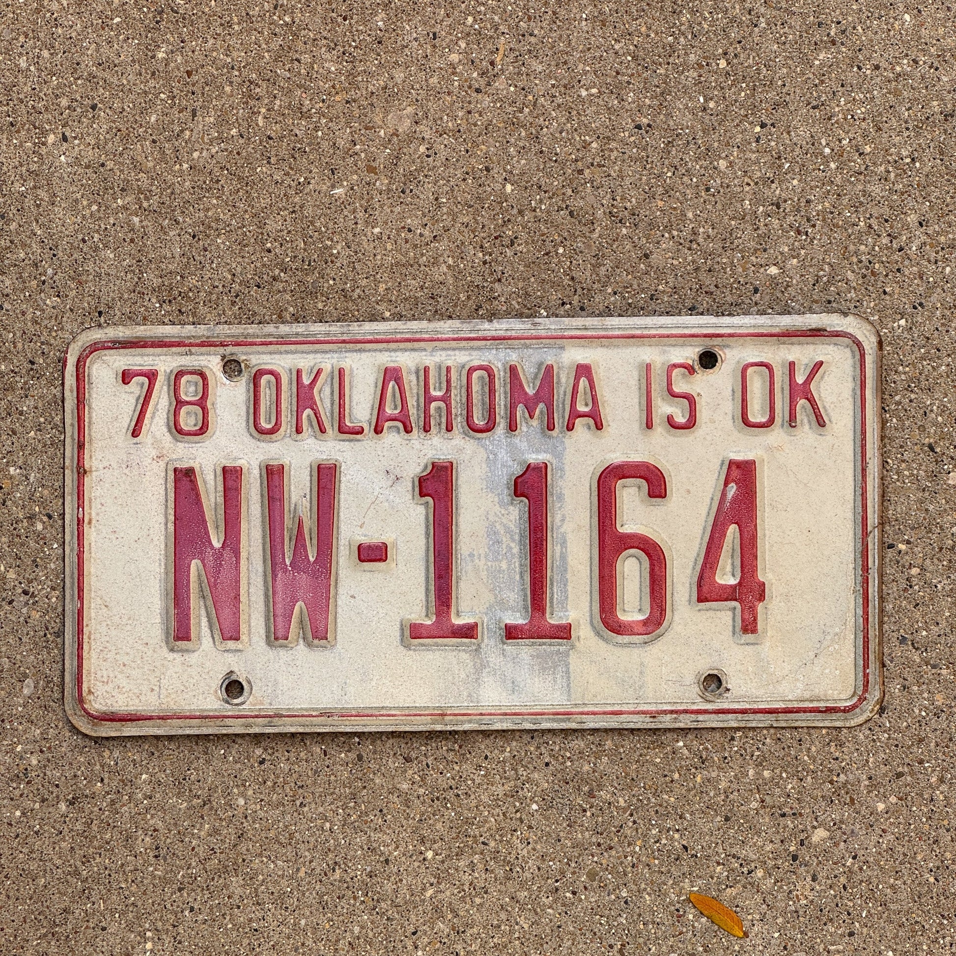 Photo of a 1978 Oklahoma License Plate Auto Tag Garage Decor Vintage NW 1164 with original patina