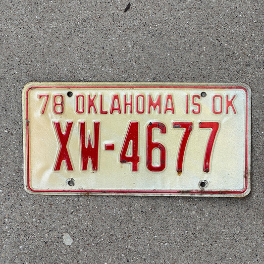 Photo of a 1978 Oklahoma License Plate Auto Tag Garage Decor Vintage XW 4677