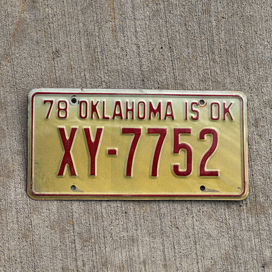 Photo of a 1978 Oklahoma License Plate Auto Tag Garage Decor Vintage XY 7752 with original patina