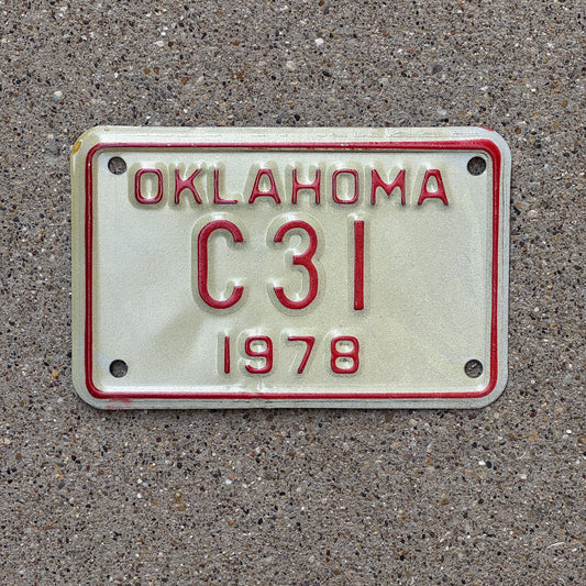 Photo of a 1978 Oklahoma Motorcycle License Plate Auto Tag Garage Decor Vintage C 31 with original patina