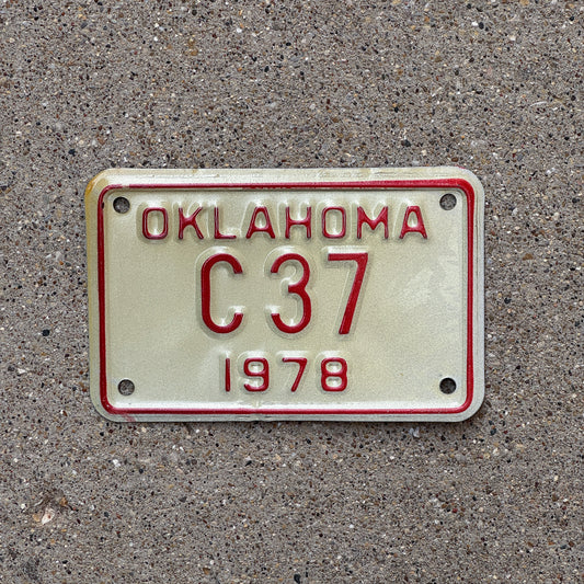 Photo of a 1978 Oklahoma Motorcycle License Plate Auto Tag Garage Decor Vintage C 37 with original patina