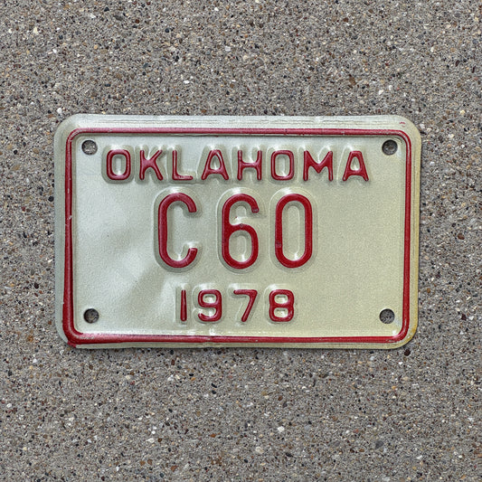Photo of a 1978 Oklahoma Motorcycle License Plate Auto Tag Garage Decor Vintage C 60 with original patina