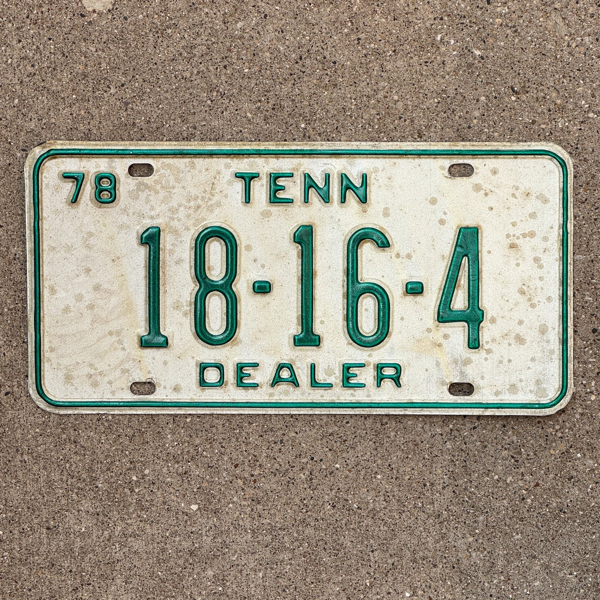 Photo of a 1978 Tennessee Dealer License Plate Auto Tag Garage Decor Vintage 18 16 4 with original patina