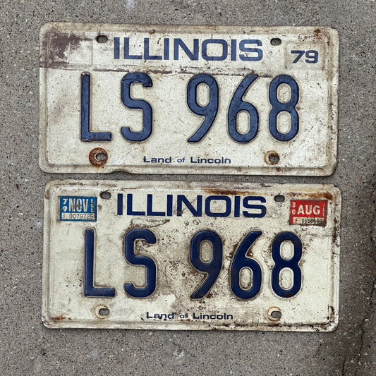 Photo of a 1979 1980 Illinois License Plate Pair Auto Tag Garage Decor Vintage LS 968 with original patina