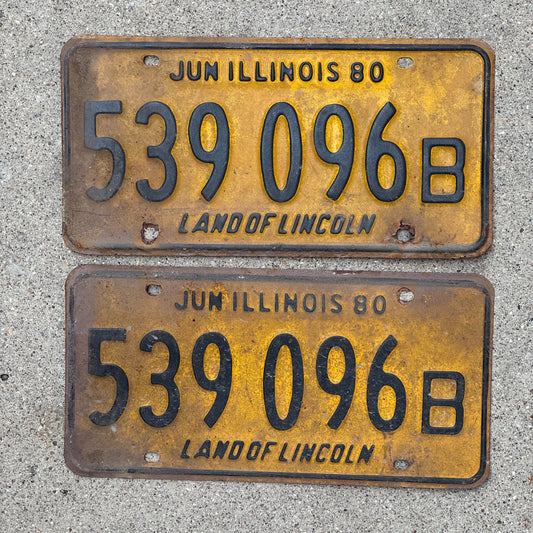 Photo of a 1979 1980 Illinois Truck License Plate Pair Auto Tag Garage Decor Vintage 539 096 B with original patina