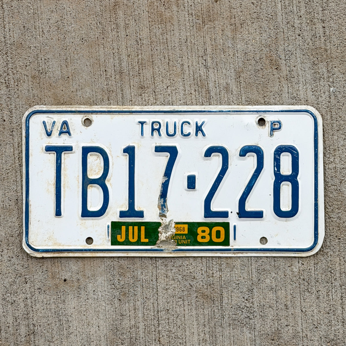 Photo of a 1979 1980 Virginia Truck License Plate Auto Tag 1 Vintage Garage TB 17 228 with original patina