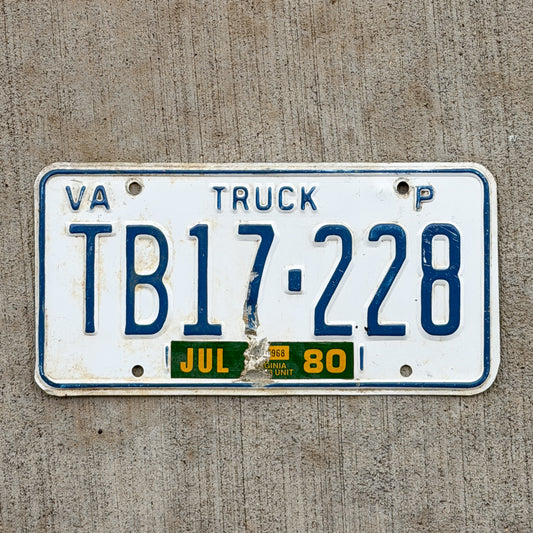 Photo of a 1979 1980 Virginia Truck License Plate Auto Tag 1 Vintage Garage TB 17 228 with original patina