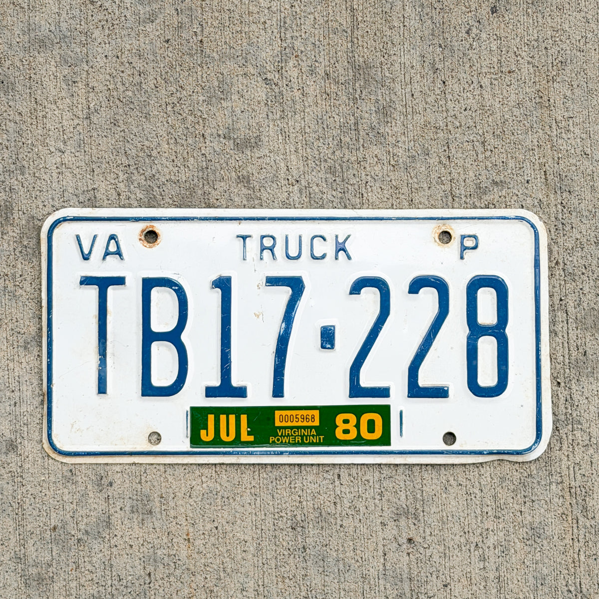 Photo of a 1979 1980 Virginia Truck License Plate Auto Tag 2 Vintage Garage TB 17 228 with original patina