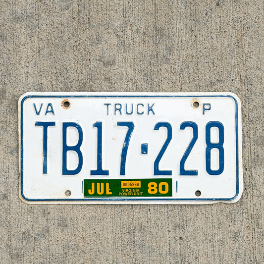 Photo of a 1979 1980 Virginia Truck License Plate Auto Tag 2 Vintage Garage TB 17 228 with original patina